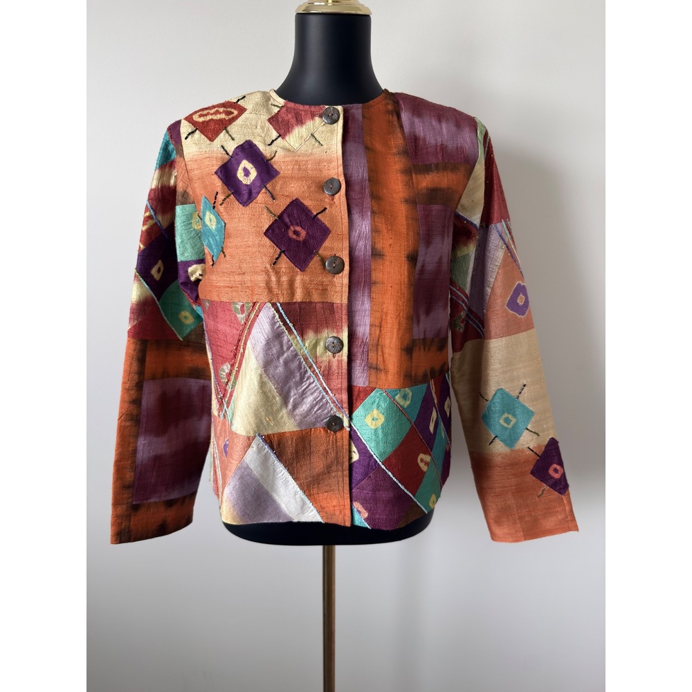 Coldwater Creek Silk Patchwork Embroidered Jacket Multi Color Boho Small